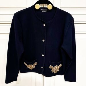 Vintage Womens Cardigan Dark Navy Gold Beaded Rhinestone Button Front Wool Blend
